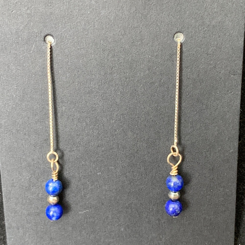 925 Sterling Silver Lapis Lazuli Desert Pearl Threader Earrings Southwestern
